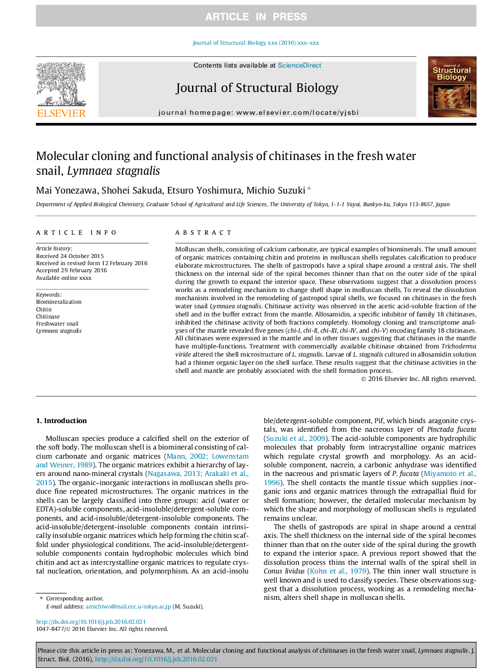 Molecular cloning and functional analysis of chitinases in the fresh water snail, Lymnaea stagnalis