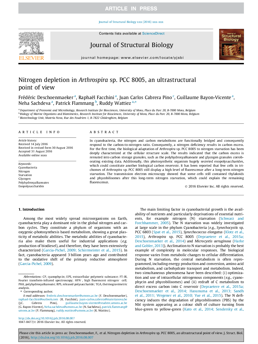 Nitrogen depletion in Arthrospira sp. PCC 8005, an ultrastructural point of view