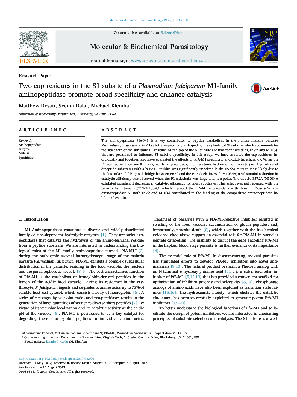 Two cap residues in the S1 subsite of a Plasmodium falciparum M1-family aminopeptidase promote broad specificity and enhance catalysis