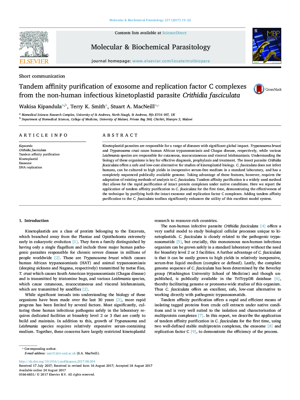 Short communicationTandem affinity purification of exosome and replication factor C complexes from the non-human infectious kinetoplastid parasite Crithidia fasciculata