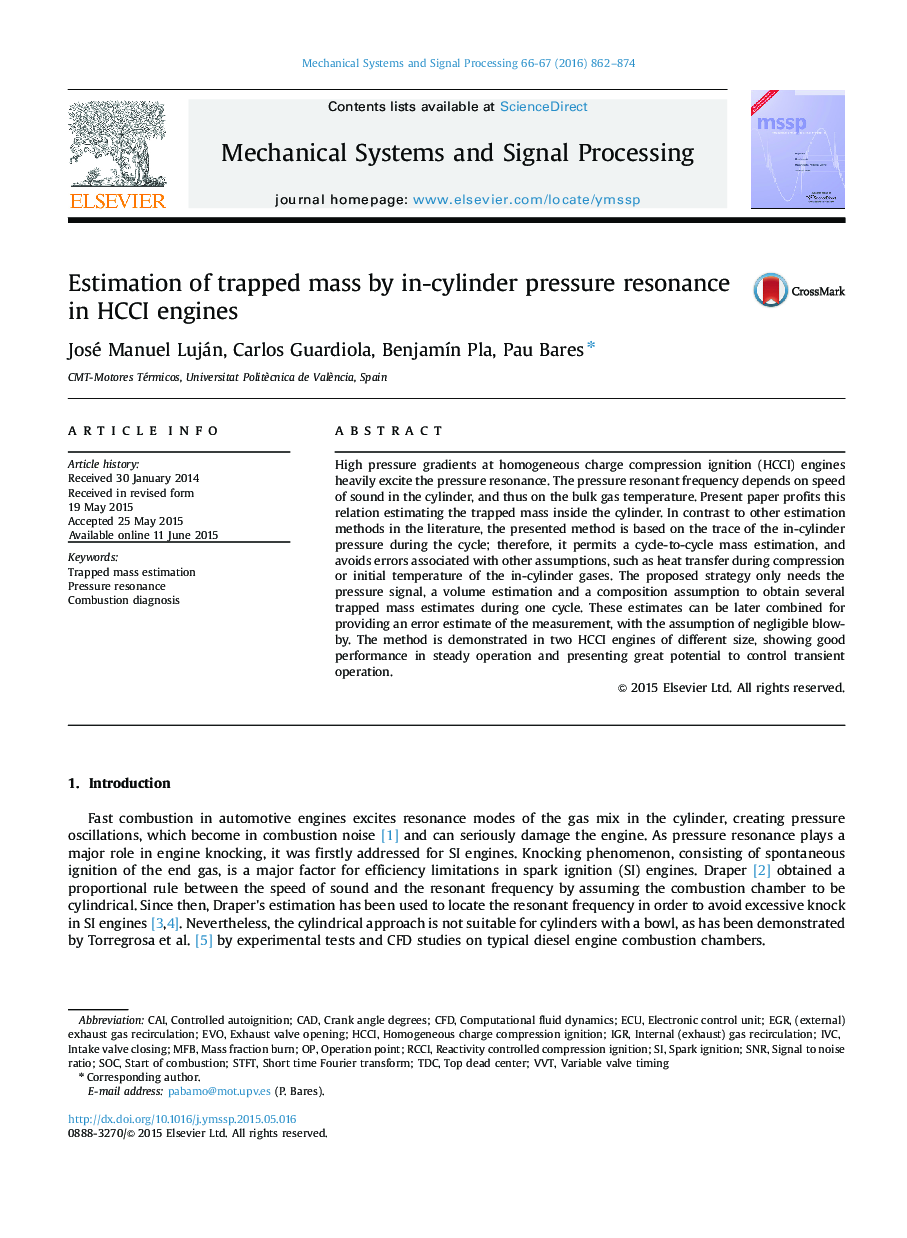 Estimation of trapped mass by in-cylinder pressure resonance in HCCI engines