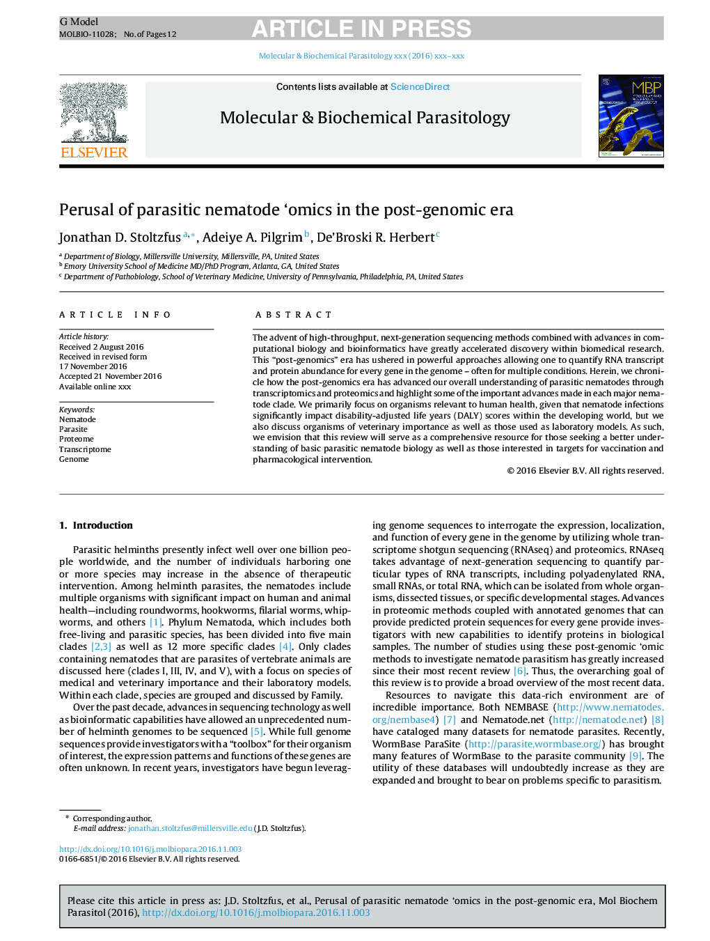 Perusal of parasitic nematode 'omics in the post-genomic era