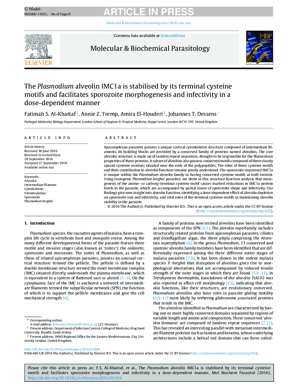 The Plasmodium alveolin IMC1a is stabilised by its terminal cysteine motifs and facilitates sporozoite morphogenesis and infectivity in a dose-dependent manner