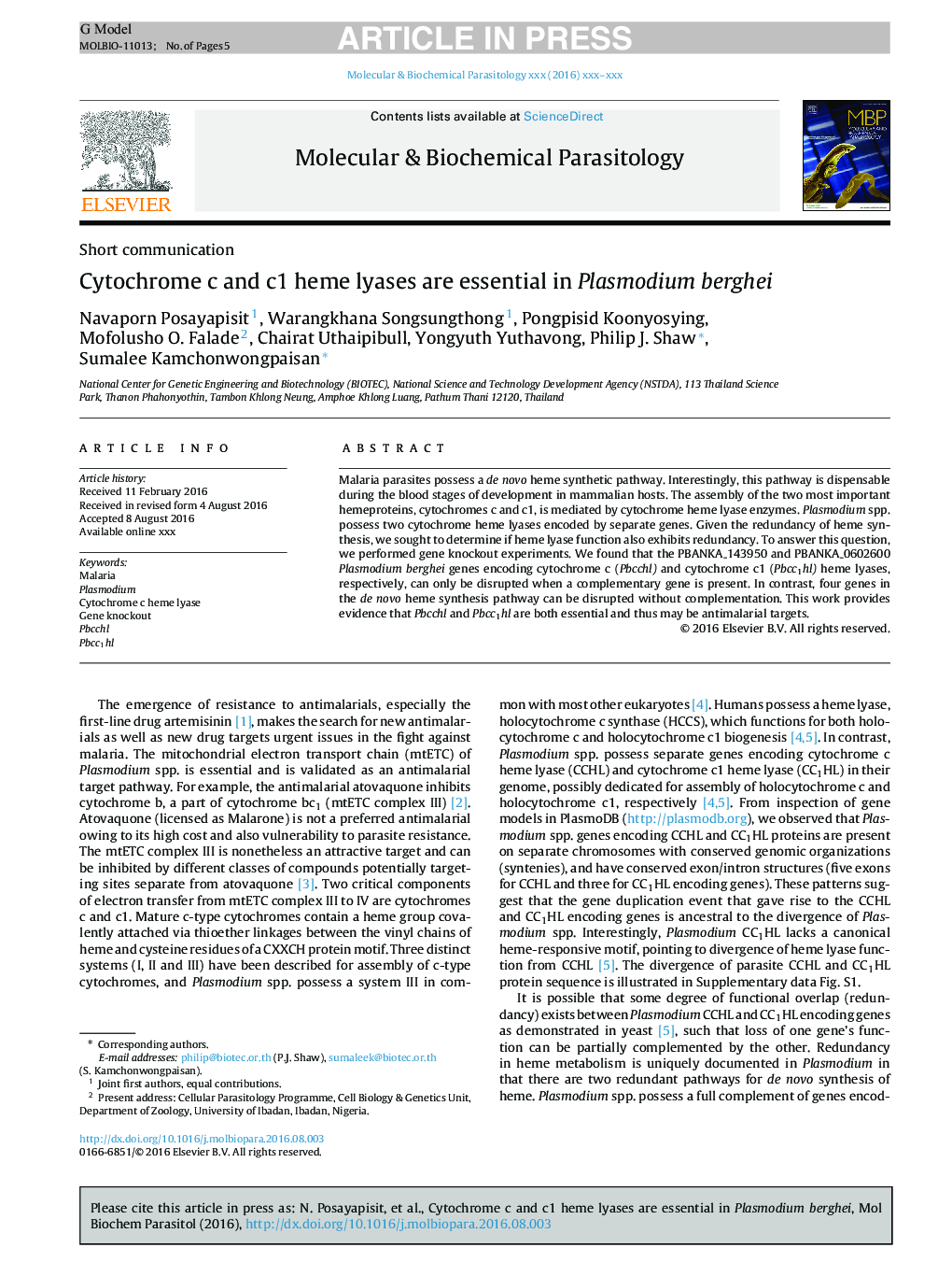 Cytochrome c and c1 heme lyases are essential in Plasmodium berghei