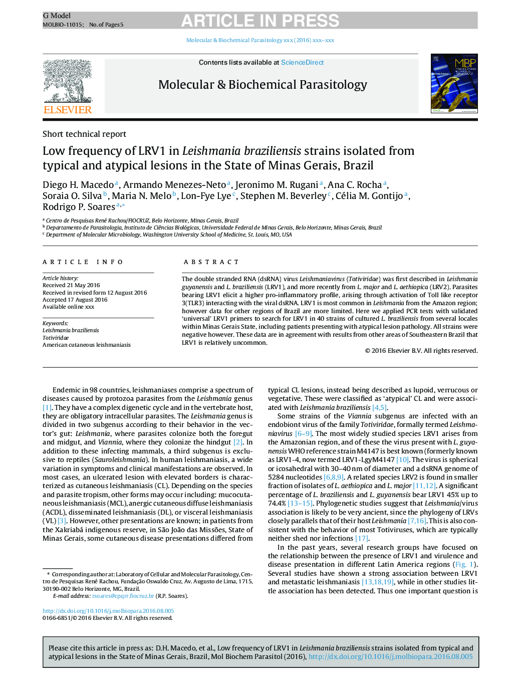 Low frequency of LRV1 in Leishmania braziliensis strains isolated from typical and atypical lesions in the State of Minas Gerais, Brazil