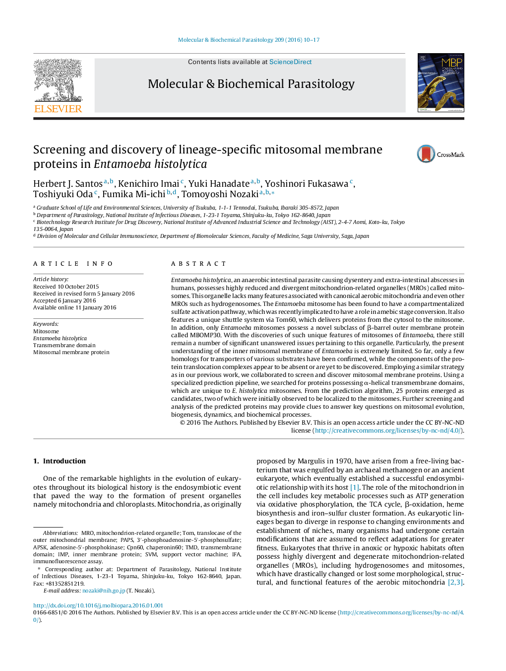 Screening and discovery of lineage-specific mitosomal membrane proteins in Entamoeba histolytica