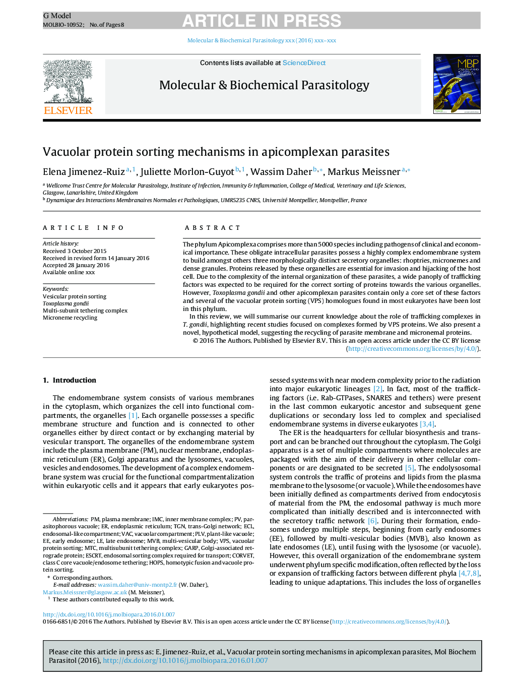 Vacuolar protein sorting mechanisms in apicomplexan parasites