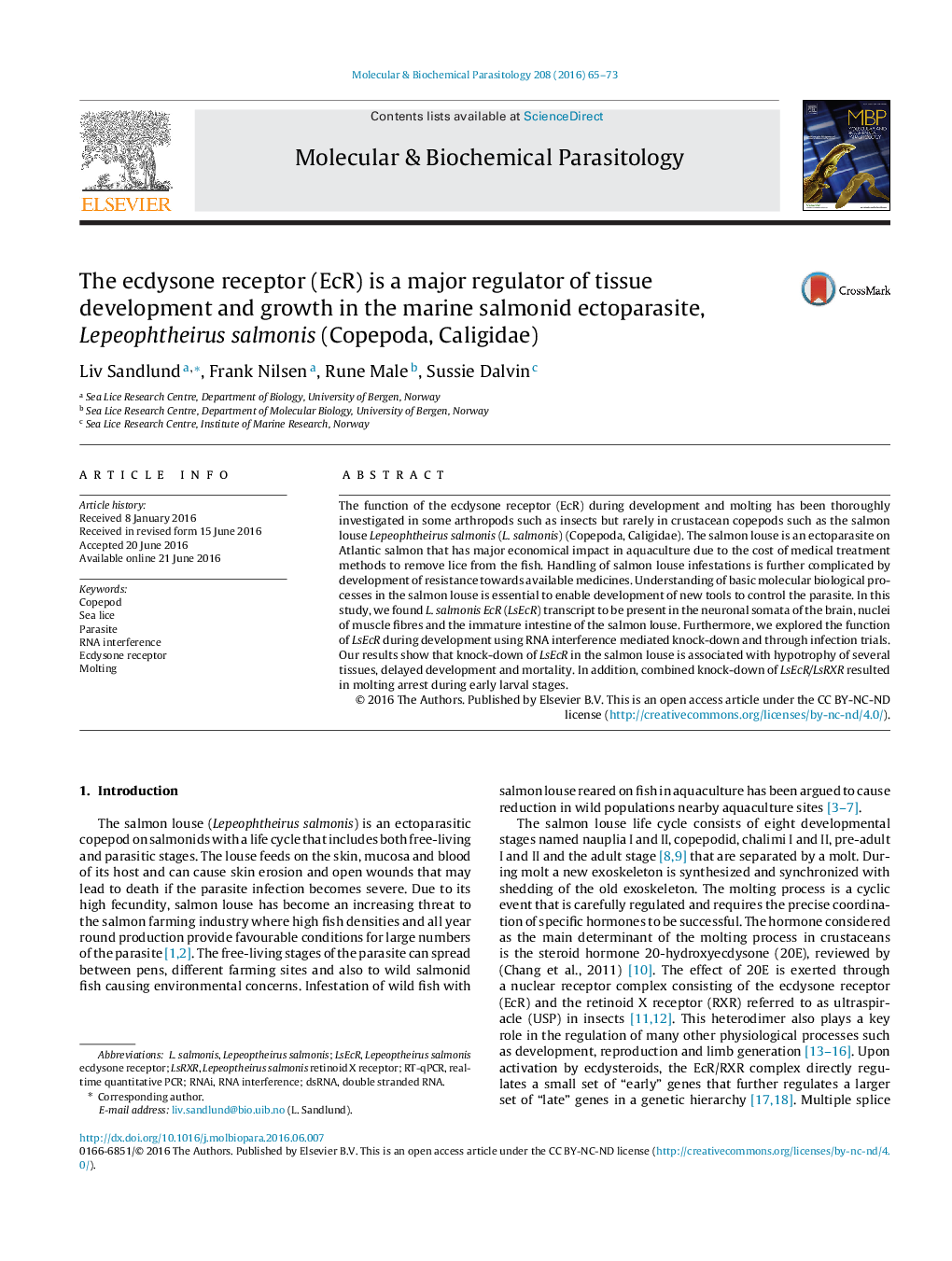 The ecdysone receptor (EcR) is a major regulator of tissue development and growth in the marine salmonid ectoparasite, Lepeophtheirus salmonis (Copepoda, Caligidae)