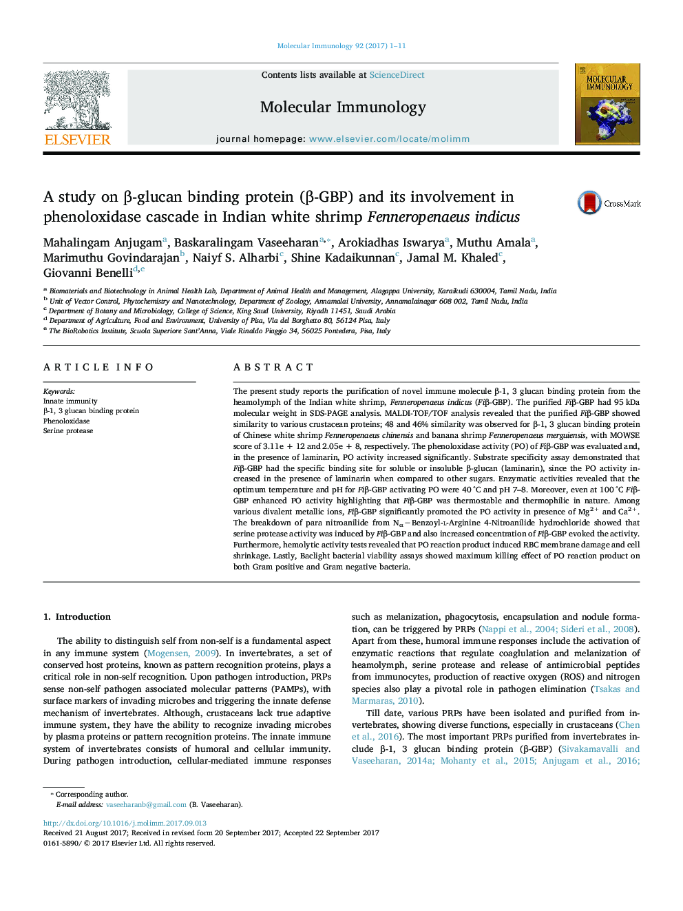 A study on Î²-glucan binding protein (Î²-GBP) and its involvement in phenoloxidase cascade in Indian white shrimp Fenneropenaeus indicus