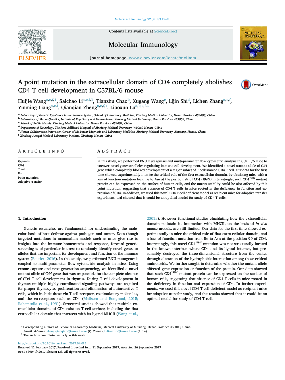 A point mutation in the extracellular domain of CD4 completely abolishes CD4 T cell development in C57BL/6 mouse