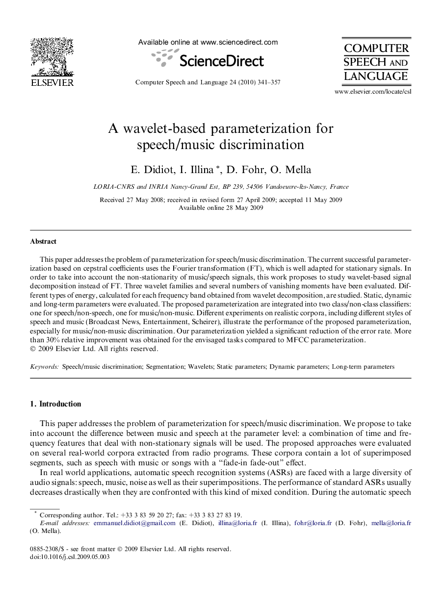 A wavelet-based parameterization for speech/music discrimination