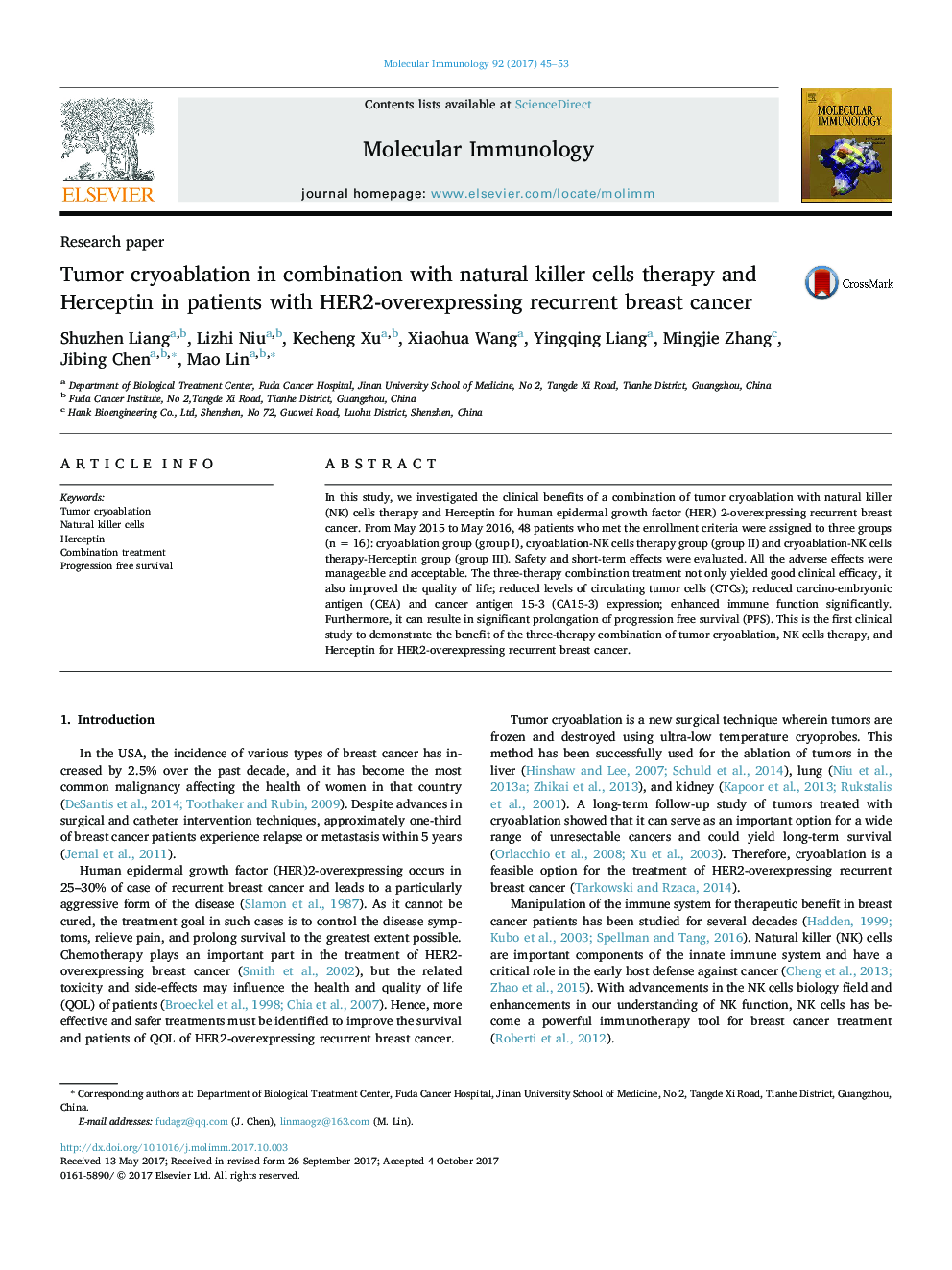 Tumor cryoablation in combination with natural killer cells therapy and Herceptin in patients with HER2-overexpressing recurrent breast cancer