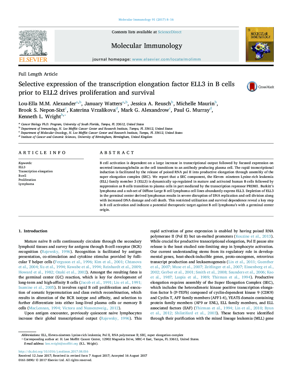 Selective expression of the transcription elongation factor ELL3 in B cells prior to ELL2 drives proliferation and survival