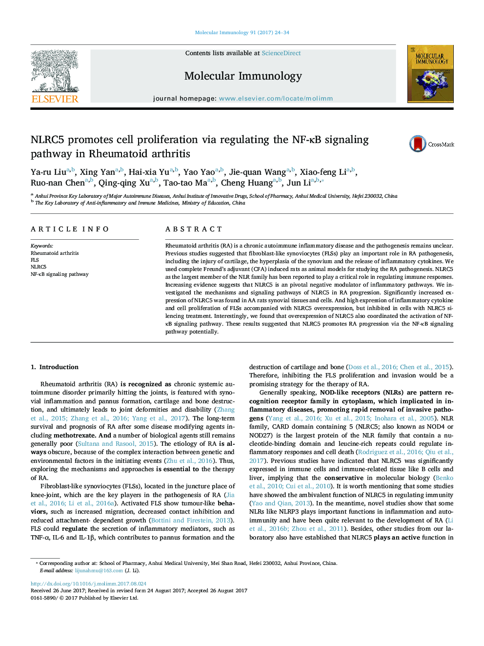 NLRC5 promotes cell proliferation via regulating the NF-ÎºB signaling pathway in Rheumatoid arthritis