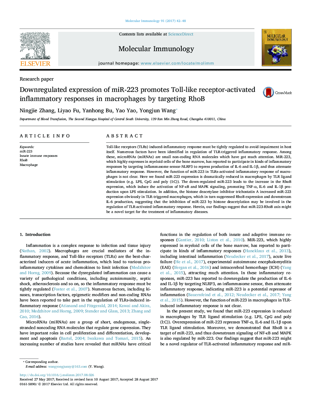 Downregulated expression of miR-223 promotes Toll-like receptor-activated inflammatory responses in macrophages by targeting RhoB