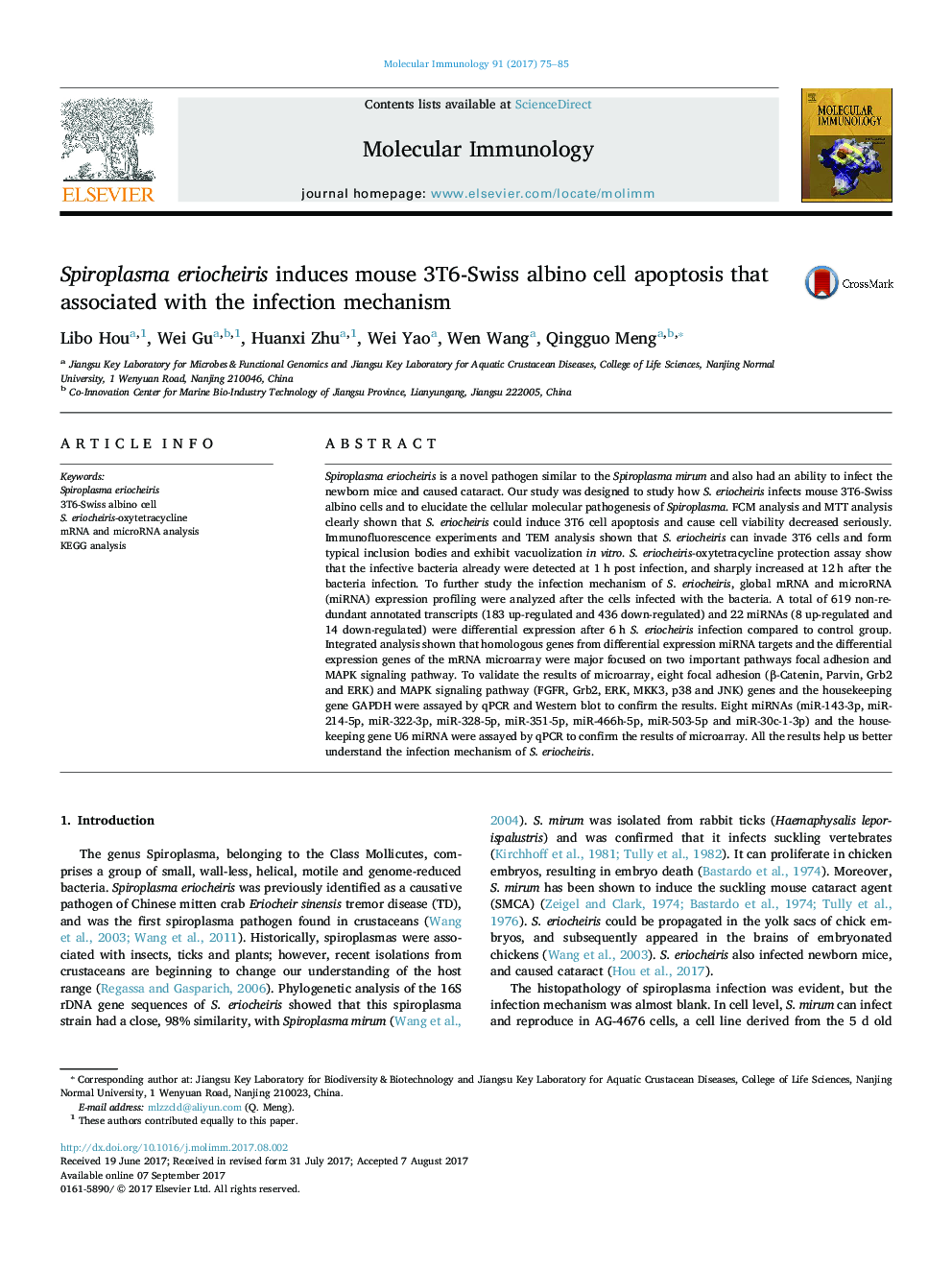 Spiroplasma eriocheiris induces mouse 3T6-Swiss albino cell apoptosis that associated with the infection mechanism