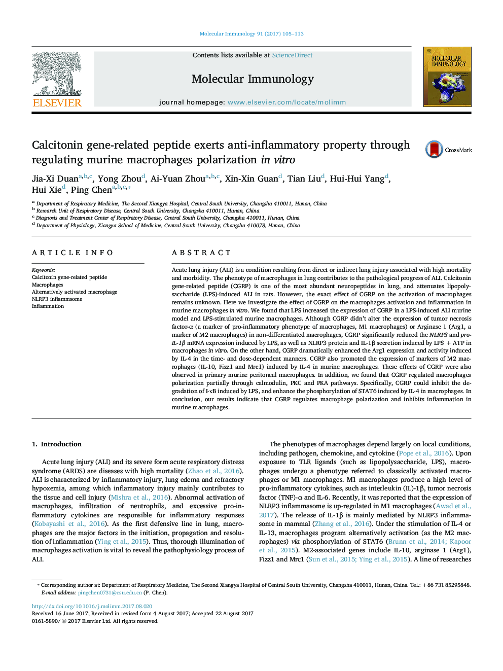 Calcitonin gene-related peptide exerts anti-inflammatory property through regulating murine macrophages polarization in vitro