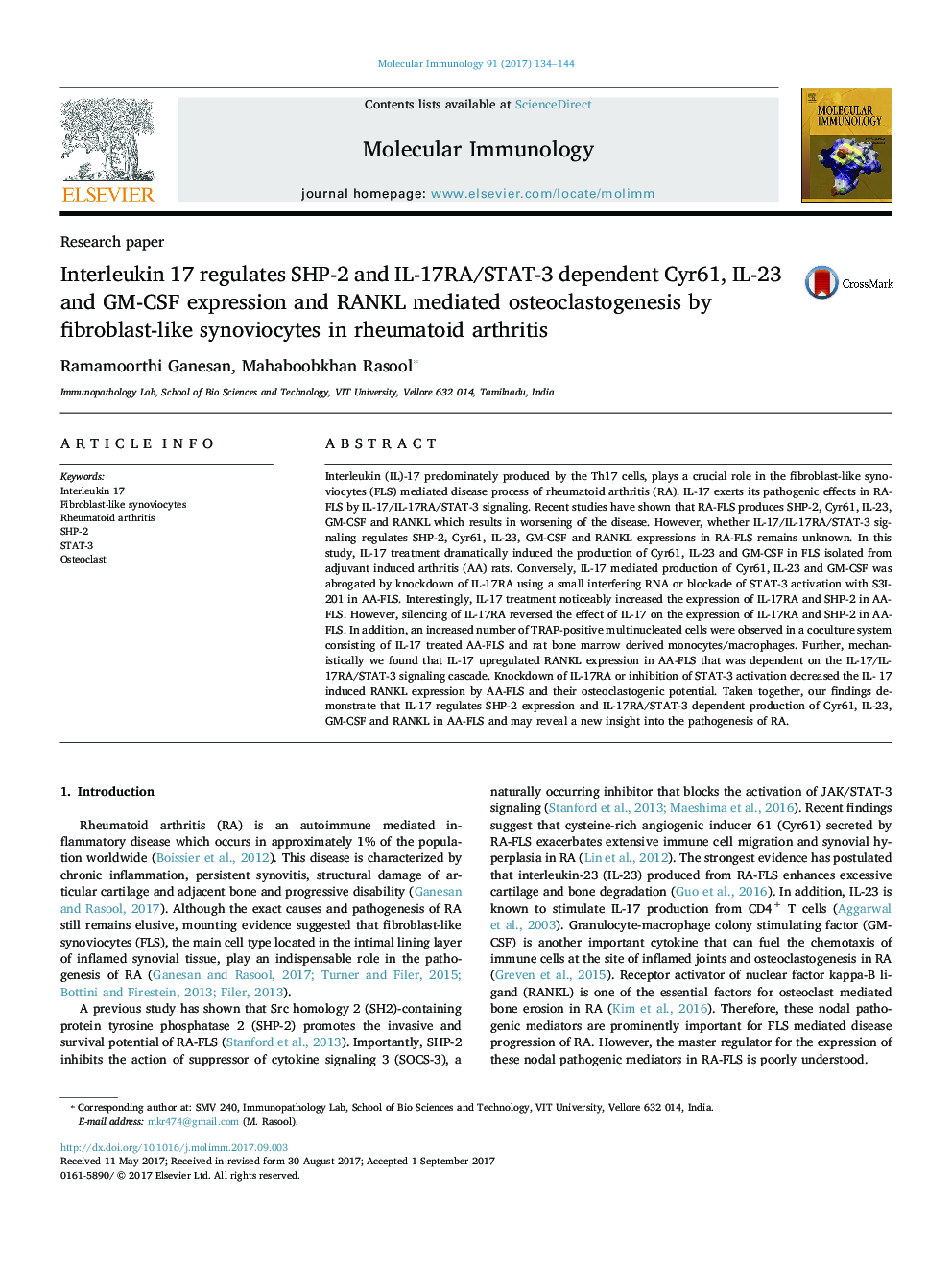 Interleukin 17 regulates SHP-2 and IL-17RA/STAT-3 dependent Cyr61, IL-23 and GM-CSF expression and RANKL mediated osteoclastogenesis by fibroblast-like synoviocytes in rheumatoid arthritis