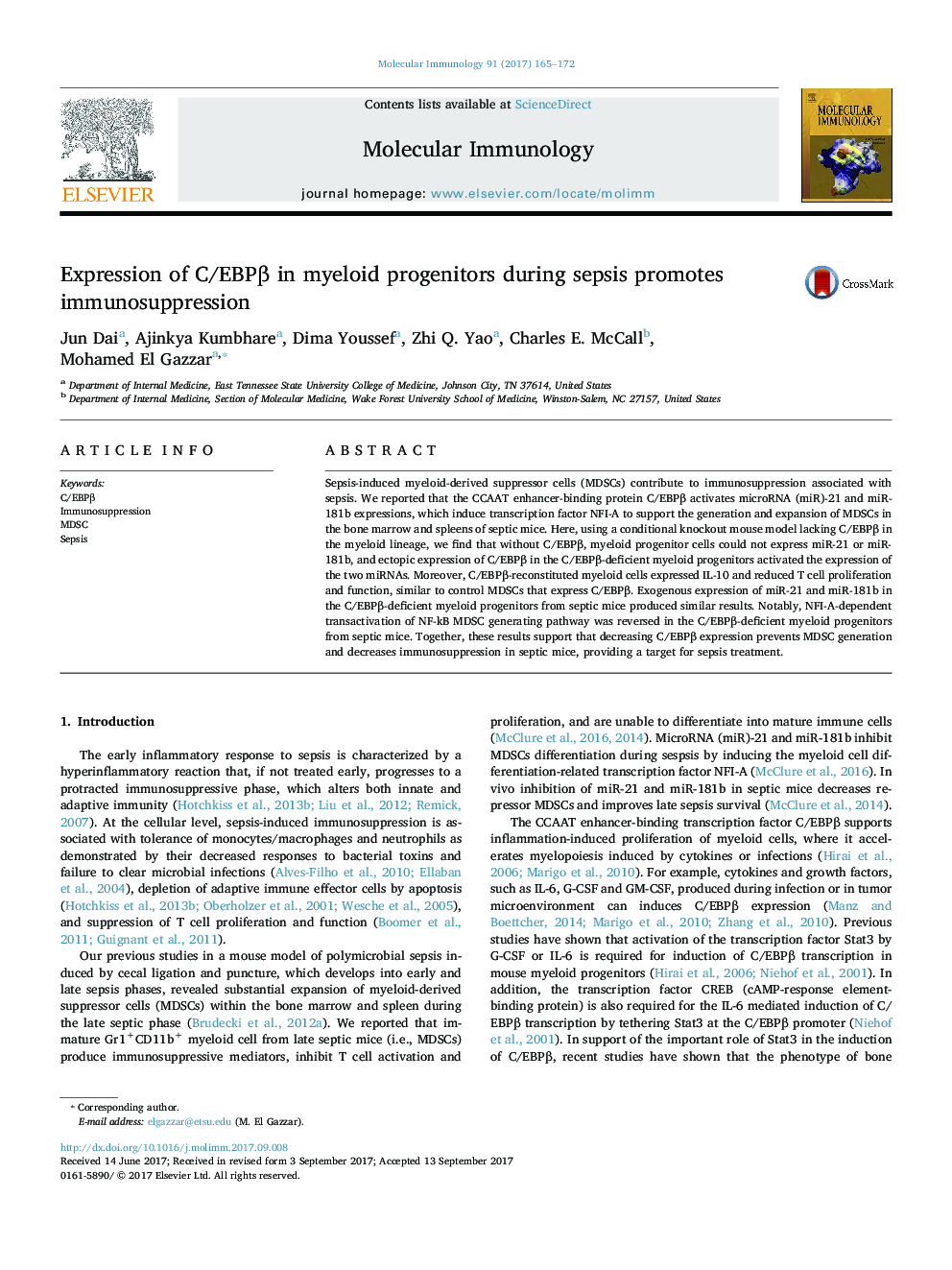 Expression of C/EBPÎ² in myeloid progenitors during sepsis promotes immunosuppression