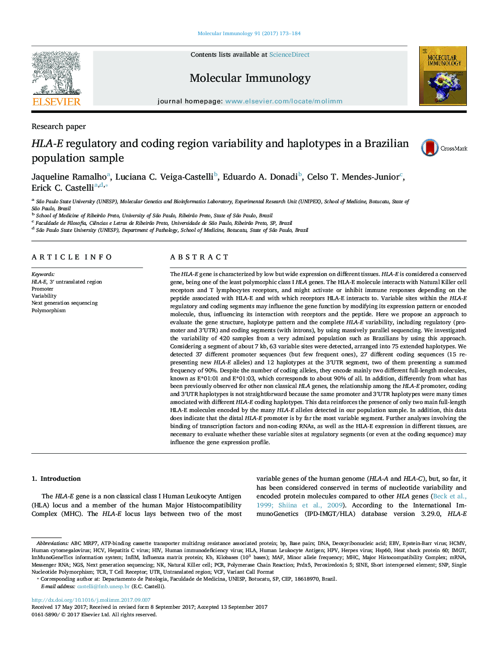 HLA-E regulatory and coding region variability and haplotypes in a Brazilian population sample