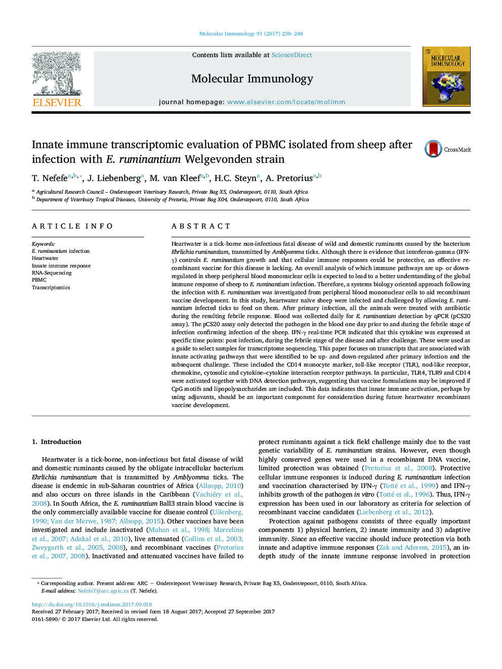 Innate immune transcriptomic evaluation of PBMC isolated from sheep after infection with E. ruminantium Welgevonden strain