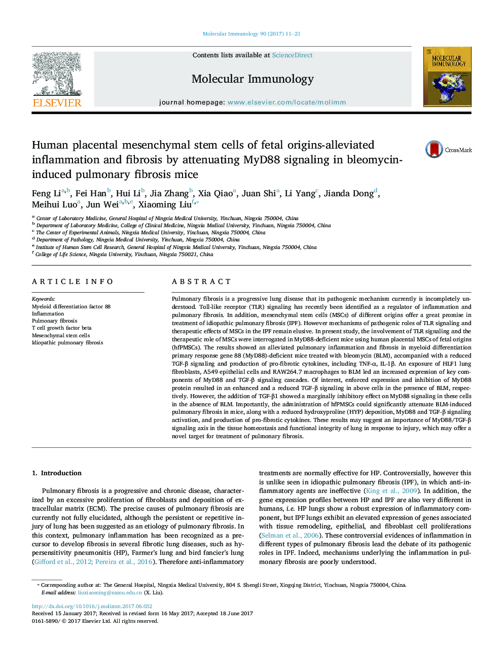 Human placental mesenchymal stem cells of fetal origins-alleviated inflammation and fibrosis by attenuating MyD88 signaling in bleomycin-induced pulmonary fibrosis mice