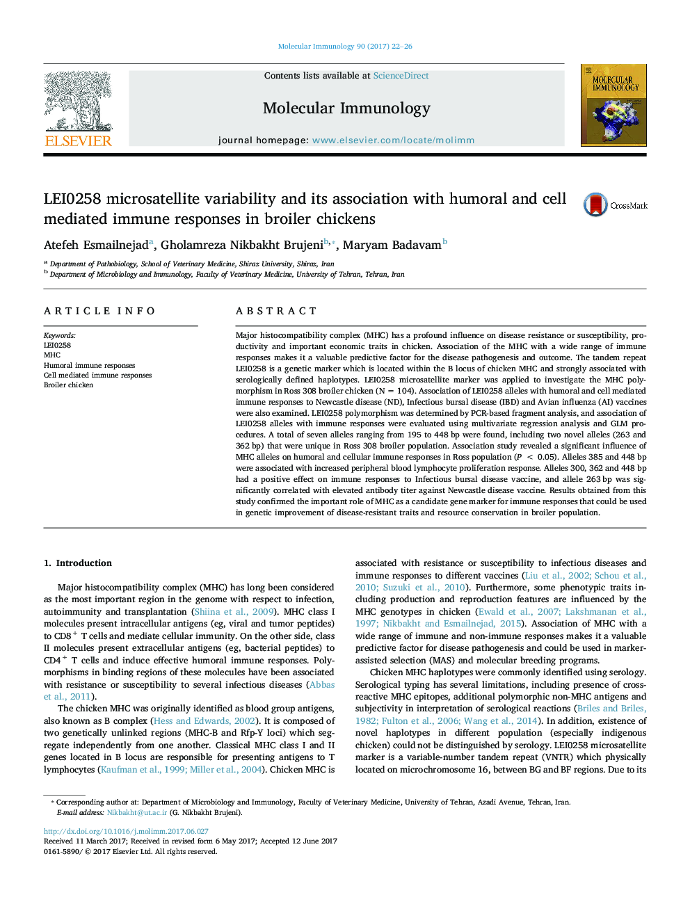 LEI0258 microsatellite variability and its association with humoral and cell mediated immune responses in broiler chickens