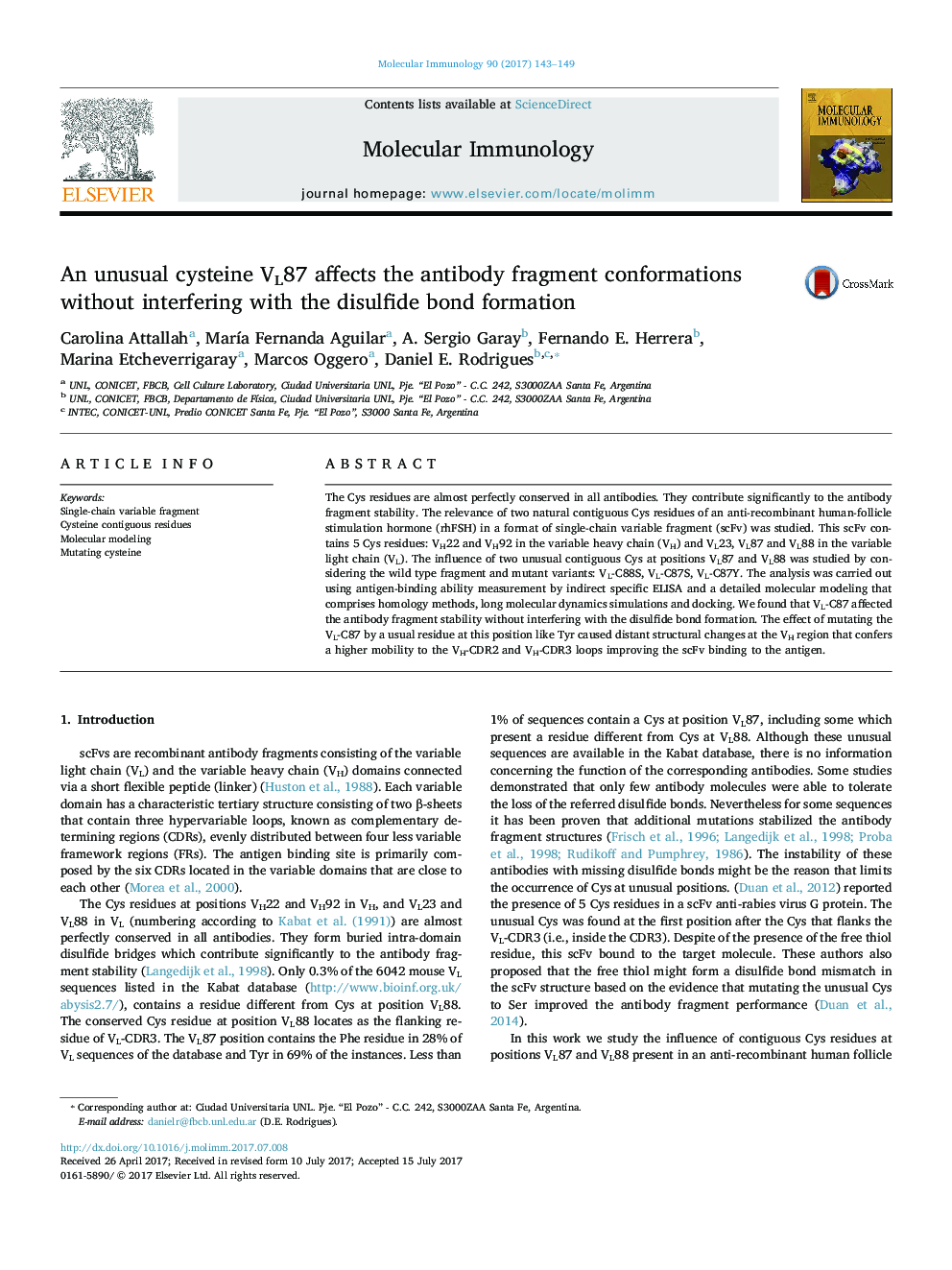 An unusual cysteine VL87 affects the antibody fragment conformations without interfering with the disulfide bond formation