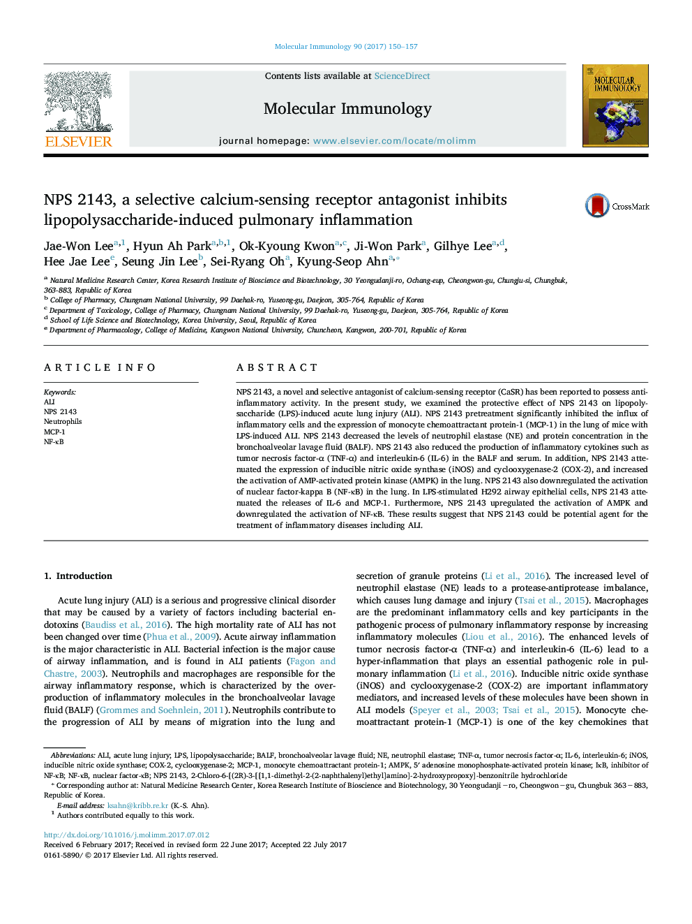 NPS 2143, a selective calcium-sensing receptor antagonist inhibits lipopolysaccharide-induced pulmonary inflammation