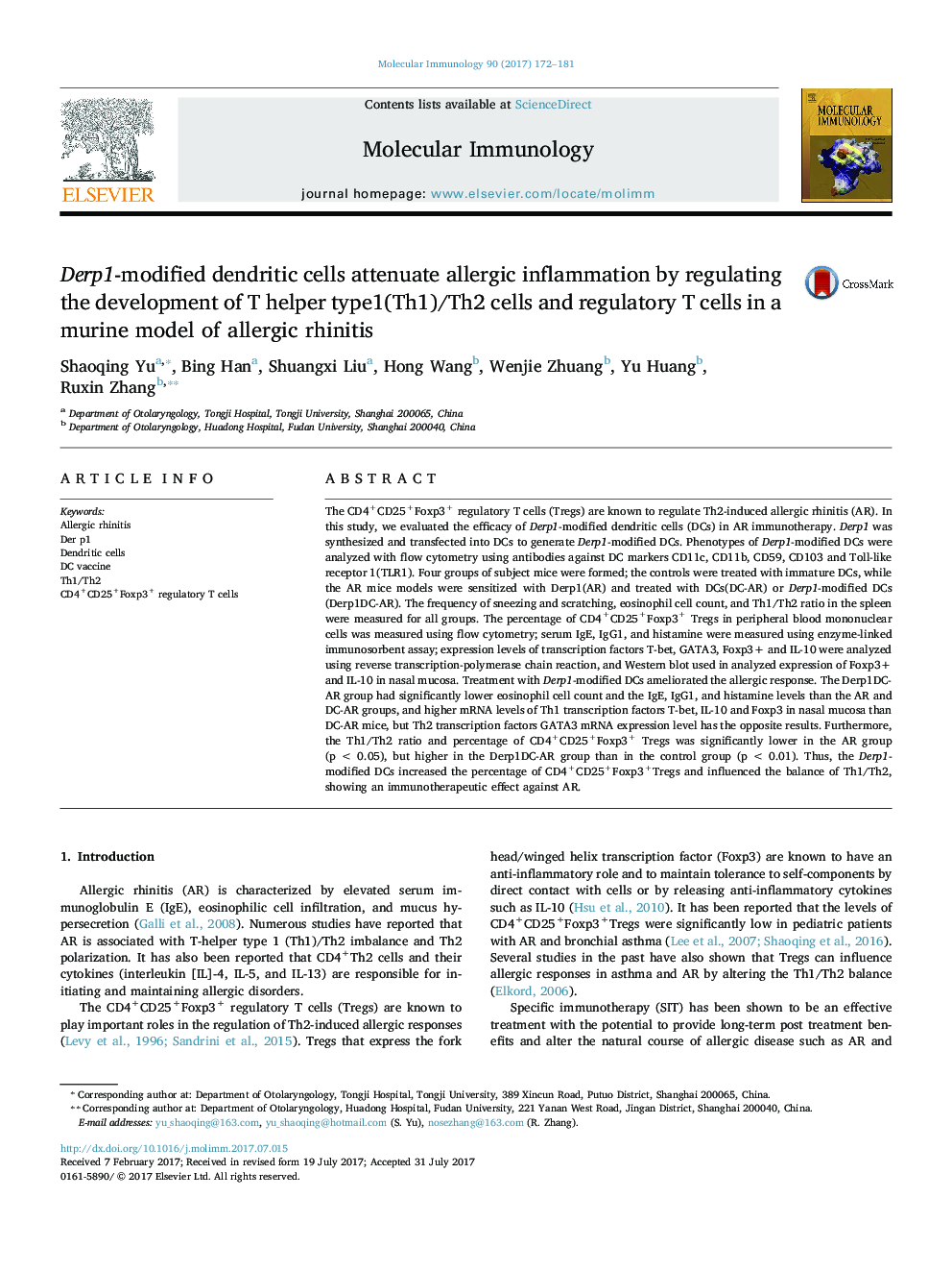 Derp1-modified dendritic cells attenuate allergic inflammation by regulating the development of T helper type1(Th1)/Th2 cells and regulatory T cells in a murine model of allergic rhinitis