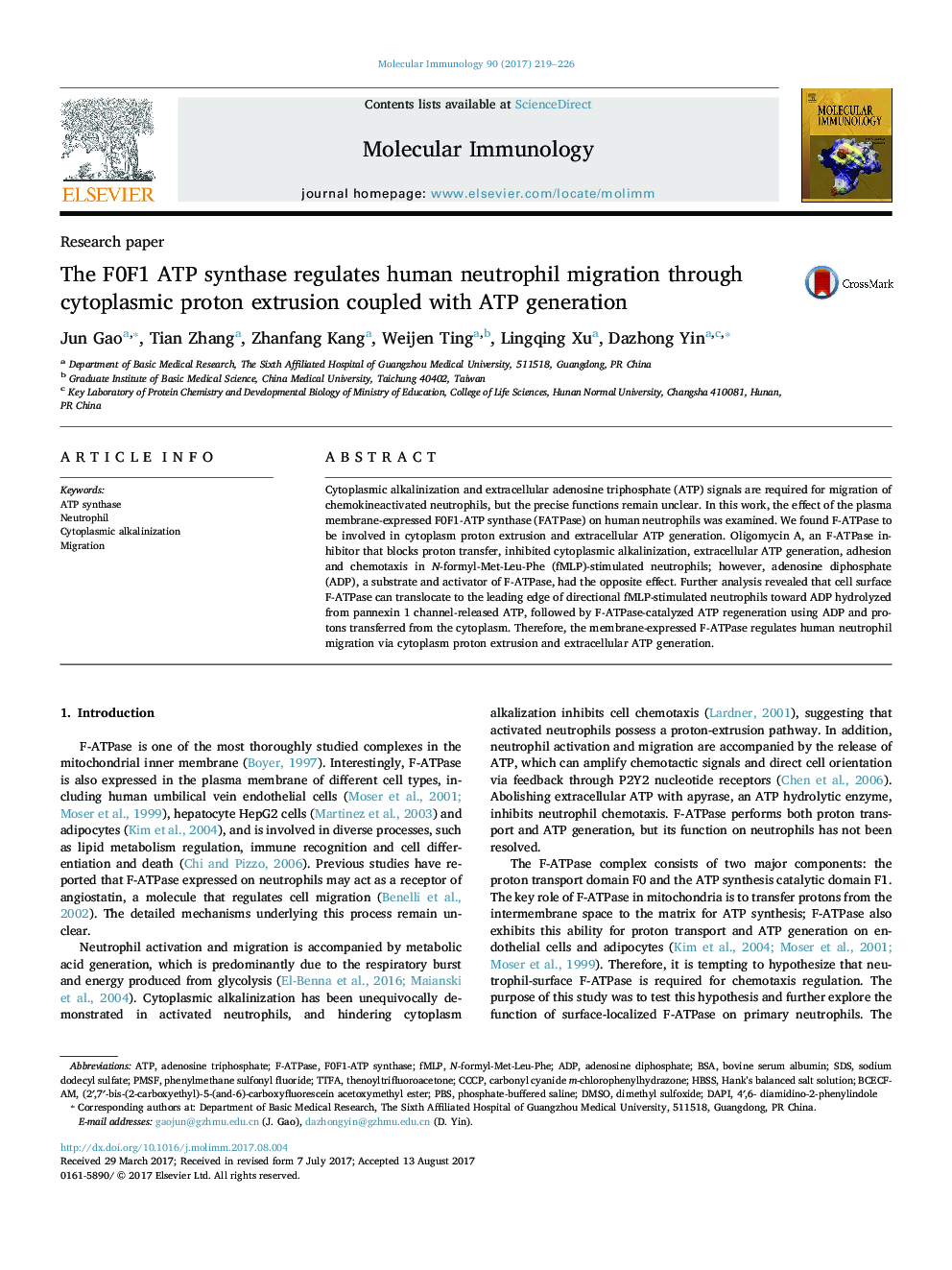 The F0F1 ATP synthase regulates human neutrophil migration through cytoplasmic proton extrusion coupled with ATP generation