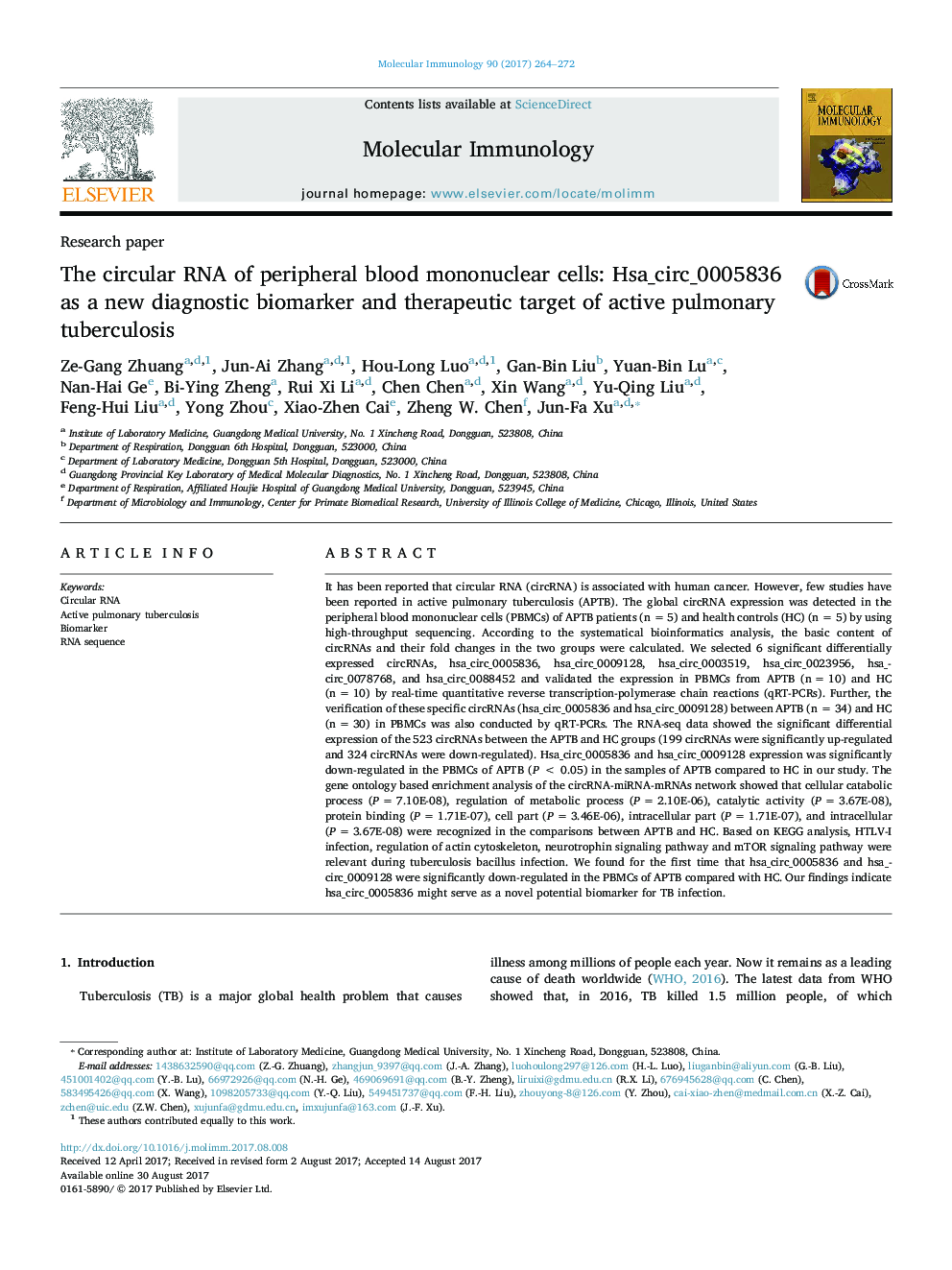 The circular RNA of peripheral blood mononuclear cells: Hsa_circ_0005836 as a new diagnostic biomarker and therapeutic target of active pulmonary tuberculosis