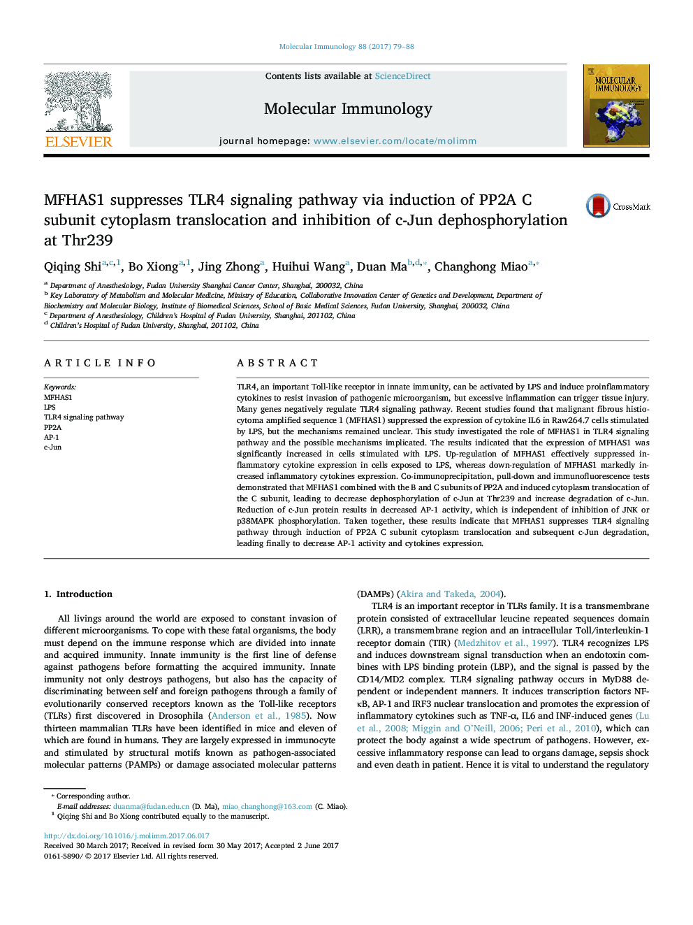 MFHAS1 suppresses TLR4 signaling pathway via induction of PP2A C subunit cytoplasm translocation and inhibition of c-Jun dephosphorylation at Thr239