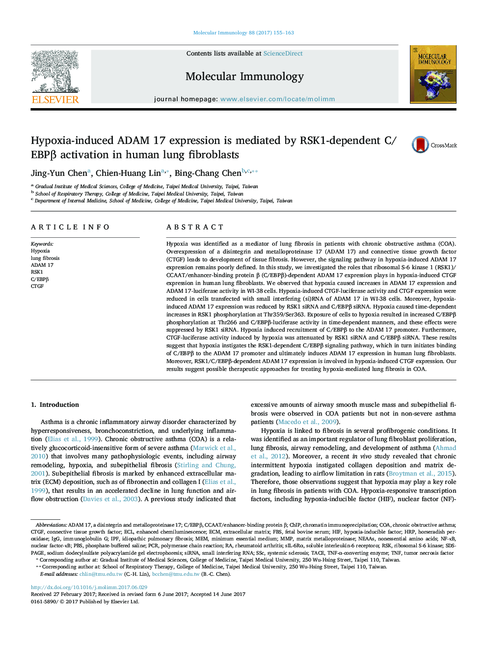 Hypoxia-induced ADAM 17 expression is mediated by RSK1-dependent C/EBPÎ² activation in human lung fibroblasts