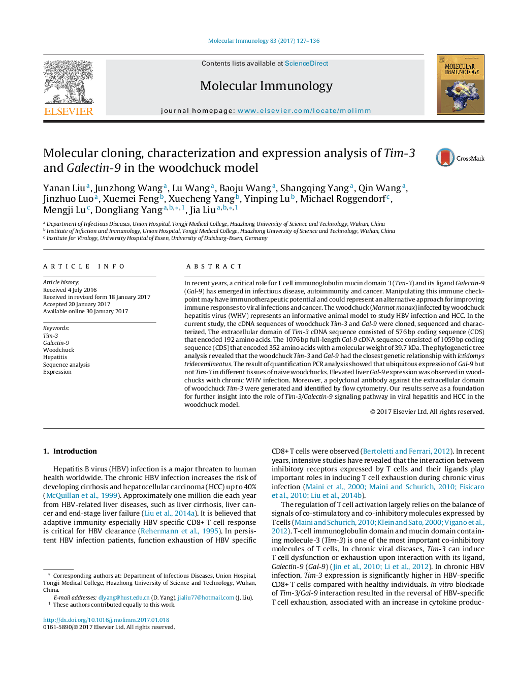 Molecular cloning, characterization and expression analysis of Tim-3 and Galectin-9 in the woodchuck model