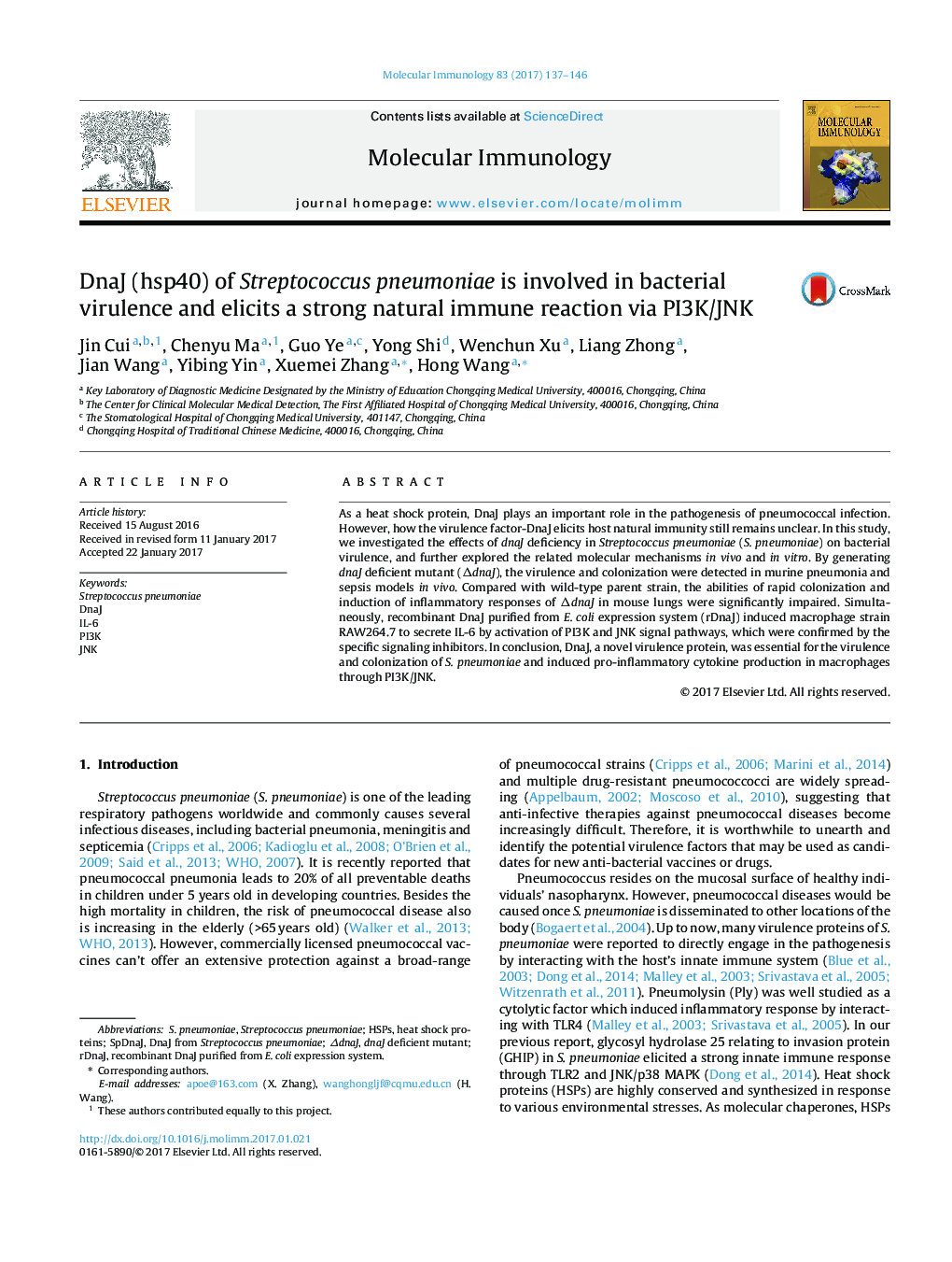 DnaJ (hsp40) of Streptococcus pneumoniae is involved in bacterial virulence and elicits a strong natural immune reaction via PI3K/JNK