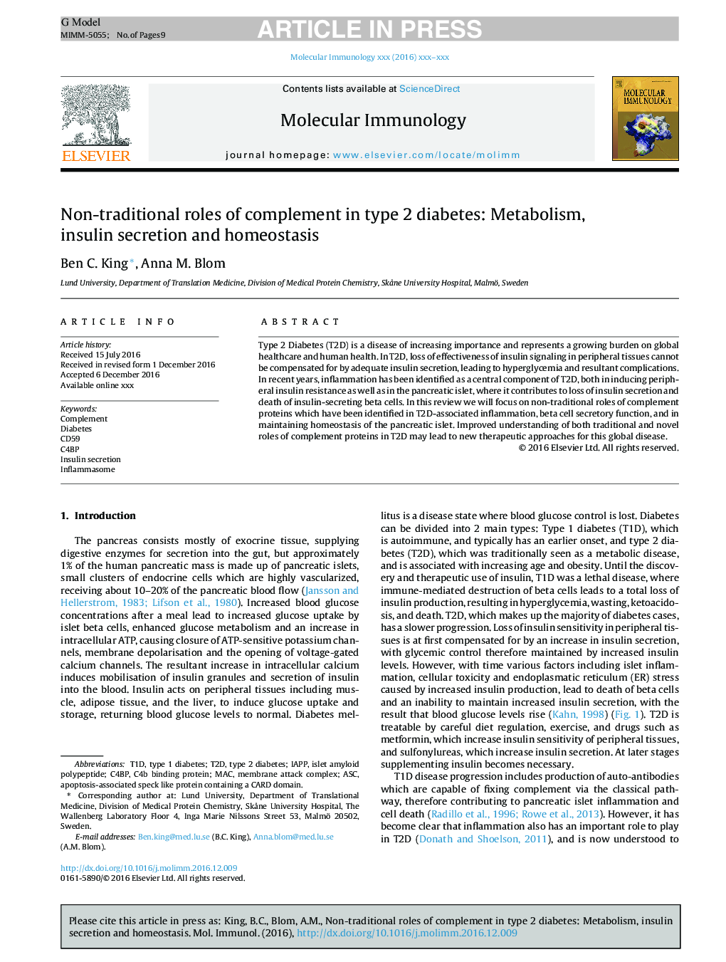 Non-traditional roles of complement in type 2 diabetes: Metabolism, insulin secretion and homeostasis