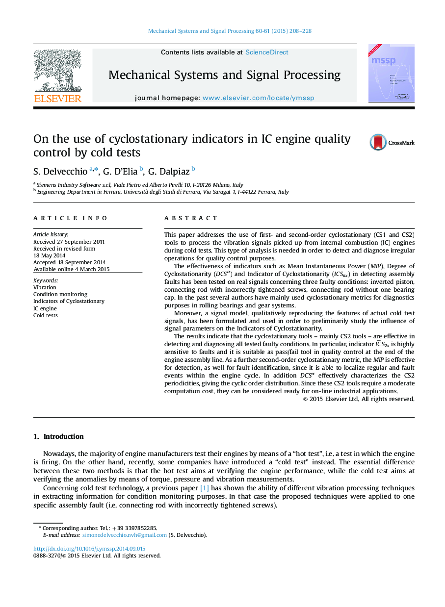 On the use of cyclostationary indicators in IC engine quality control by cold tests