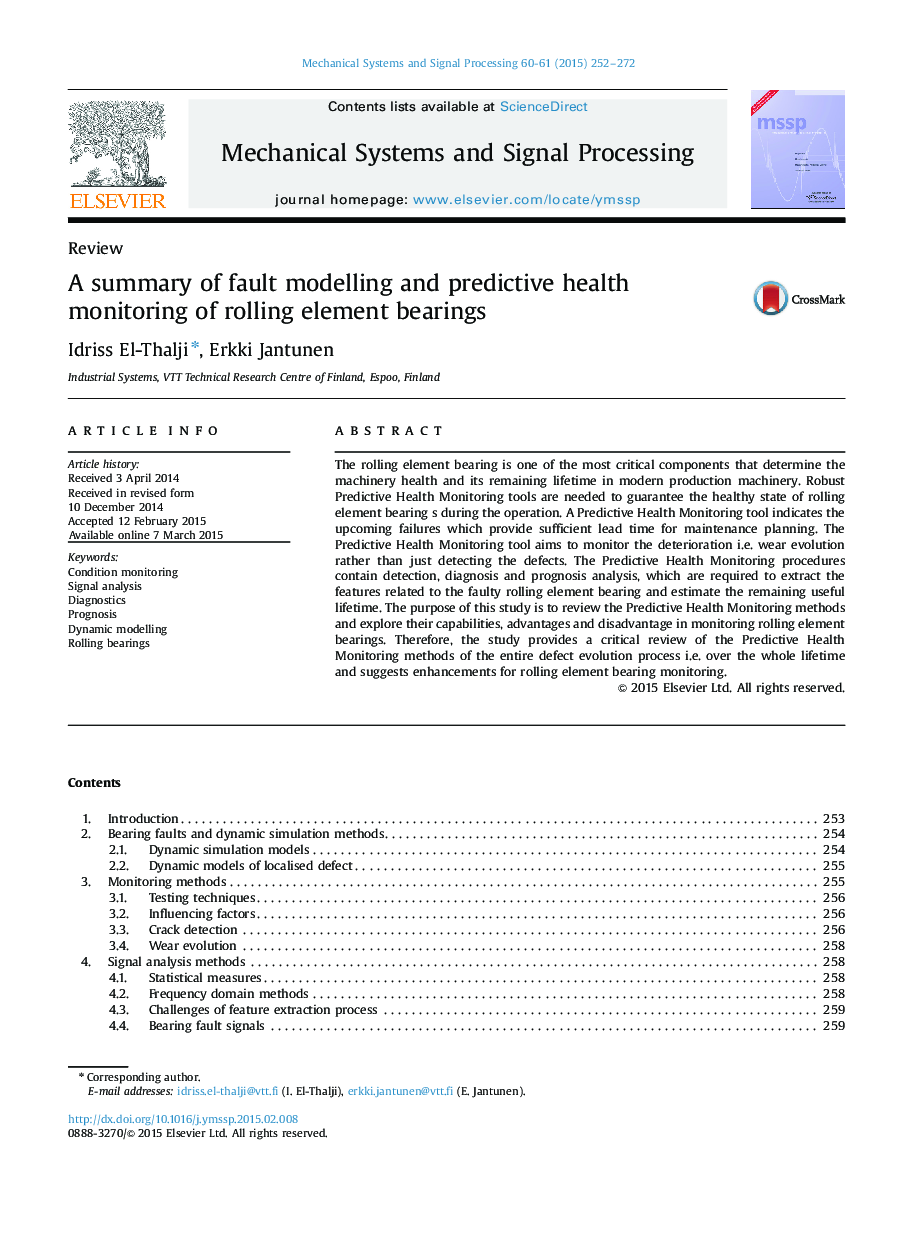 A summary of fault modelling and predictive health monitoring of rolling element bearings