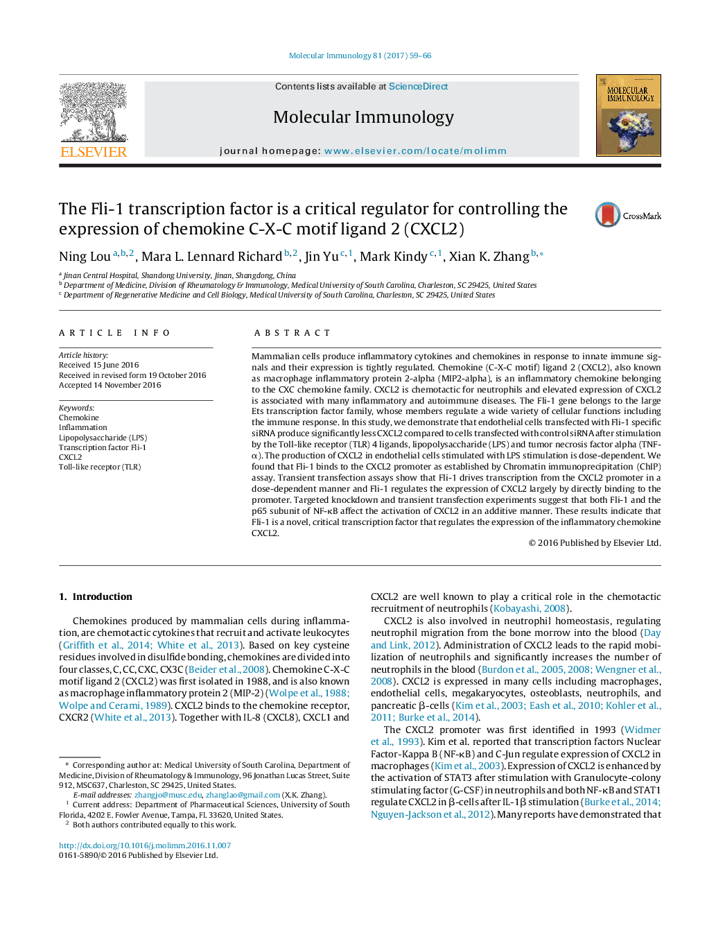 The Fli-1 transcription factor is a critical regulator for controlling the expression of chemokine C-X-C motif ligand 2 (CXCL2)