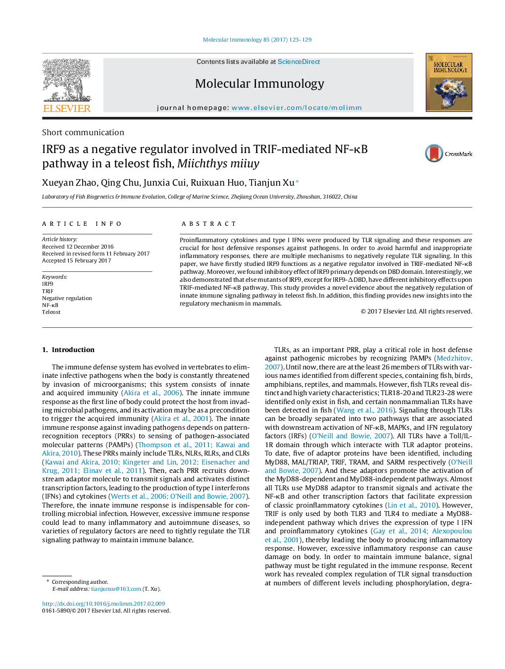 IRF9 as a negative regulator involved in TRIF-mediated NF-ÎºB pathway in a teleost fish, Miichthys miiuy