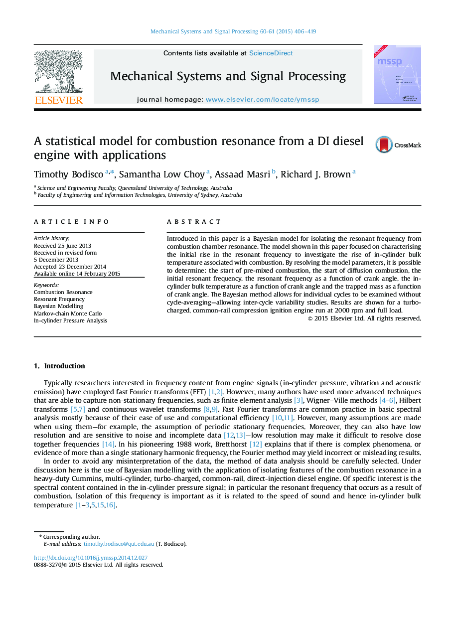 A statistical model for combustion resonance from a DI diesel engine with applications