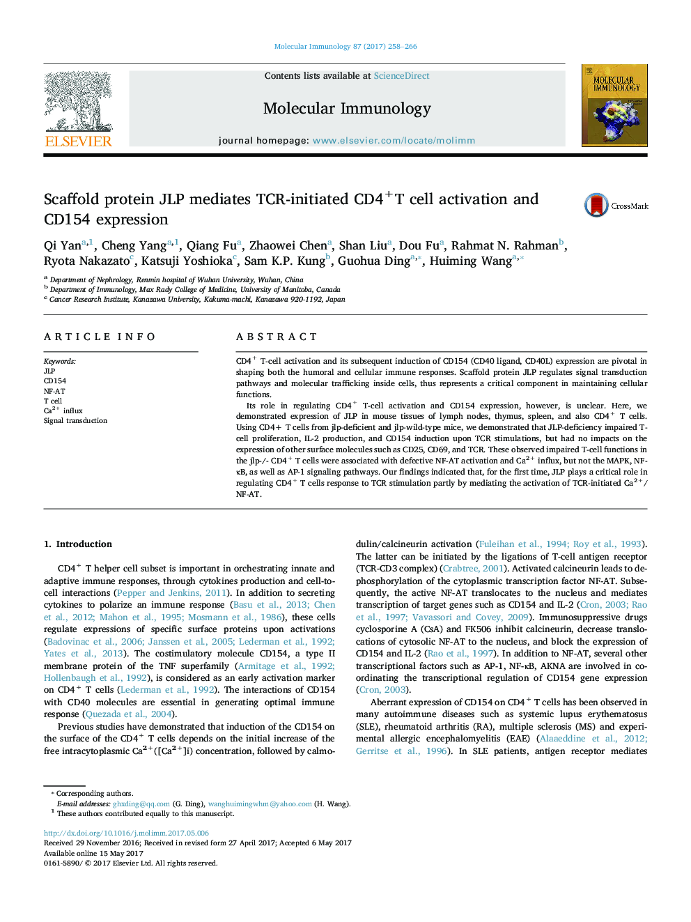 Scaffold protein JLP mediates TCR-initiated CD4+T cell activation and CD154 expression