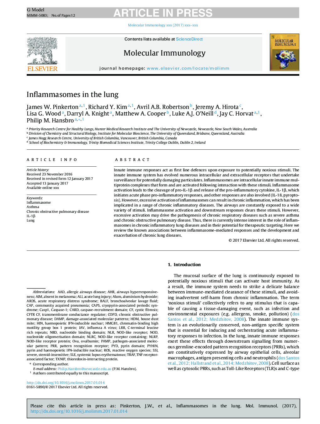 Inflammasomes in the lung