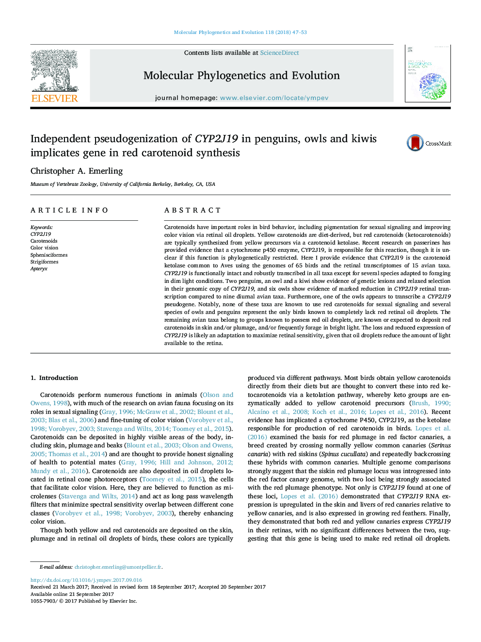 Independent pseudogenization of CYP2J19 in penguins, owls and kiwis implicates gene in red carotenoid synthesis