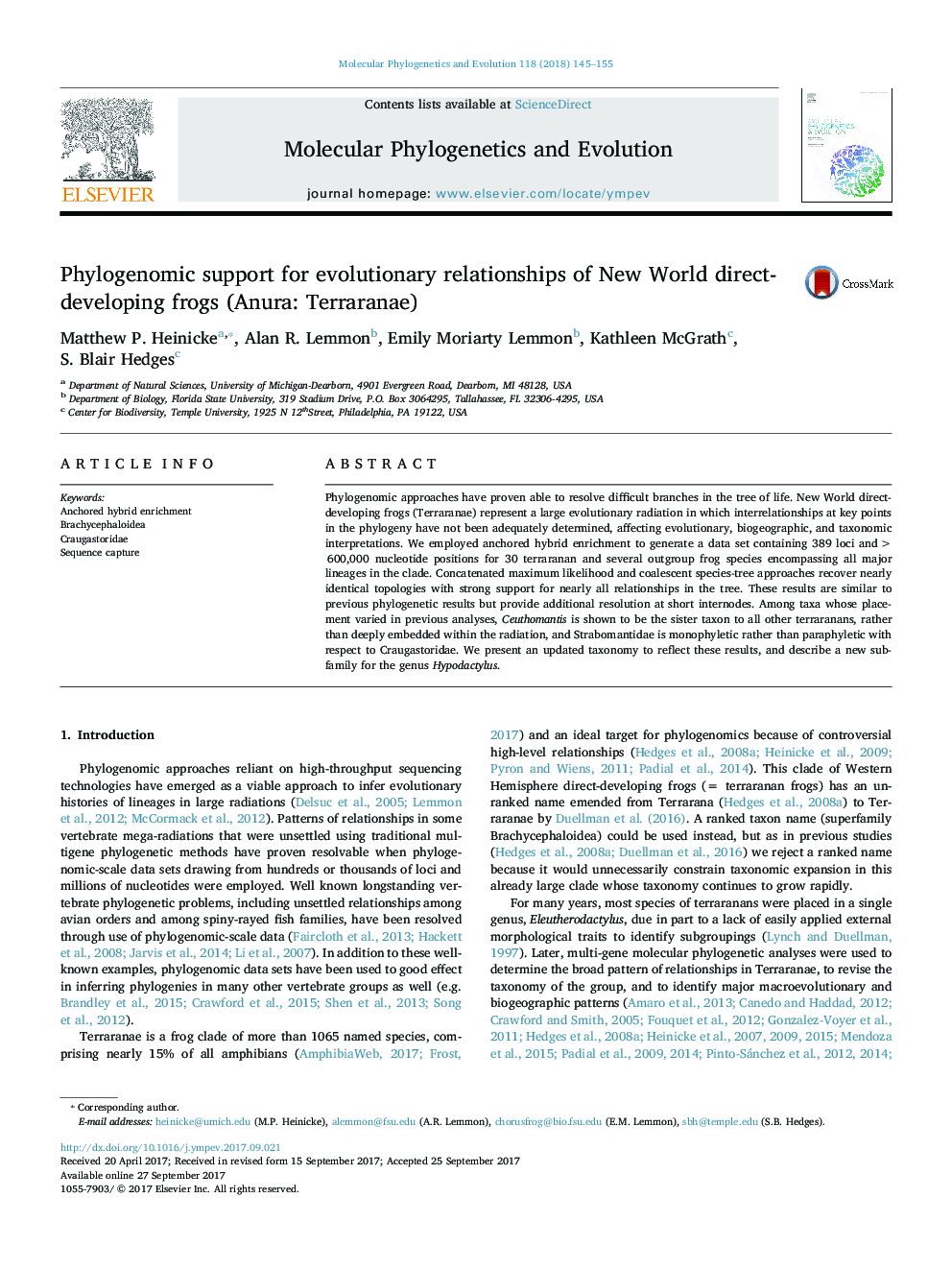 Phylogenomic support for evolutionary relationships of New World direct-developing frogs (Anura: Terraranae)