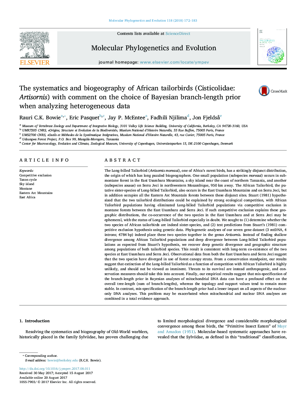 The systematics and biogeography of African tailorbirds (Cisticolidae: Artisornis) with comment on the choice of Bayesian branch-length prior when analyzing heterogeneous data