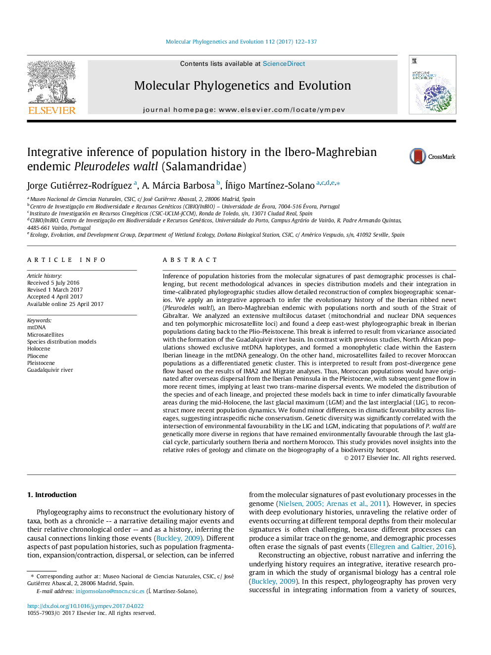 Integrative inference of population history in the Ibero-Maghrebian endemic Pleurodeles waltl (Salamandridae)