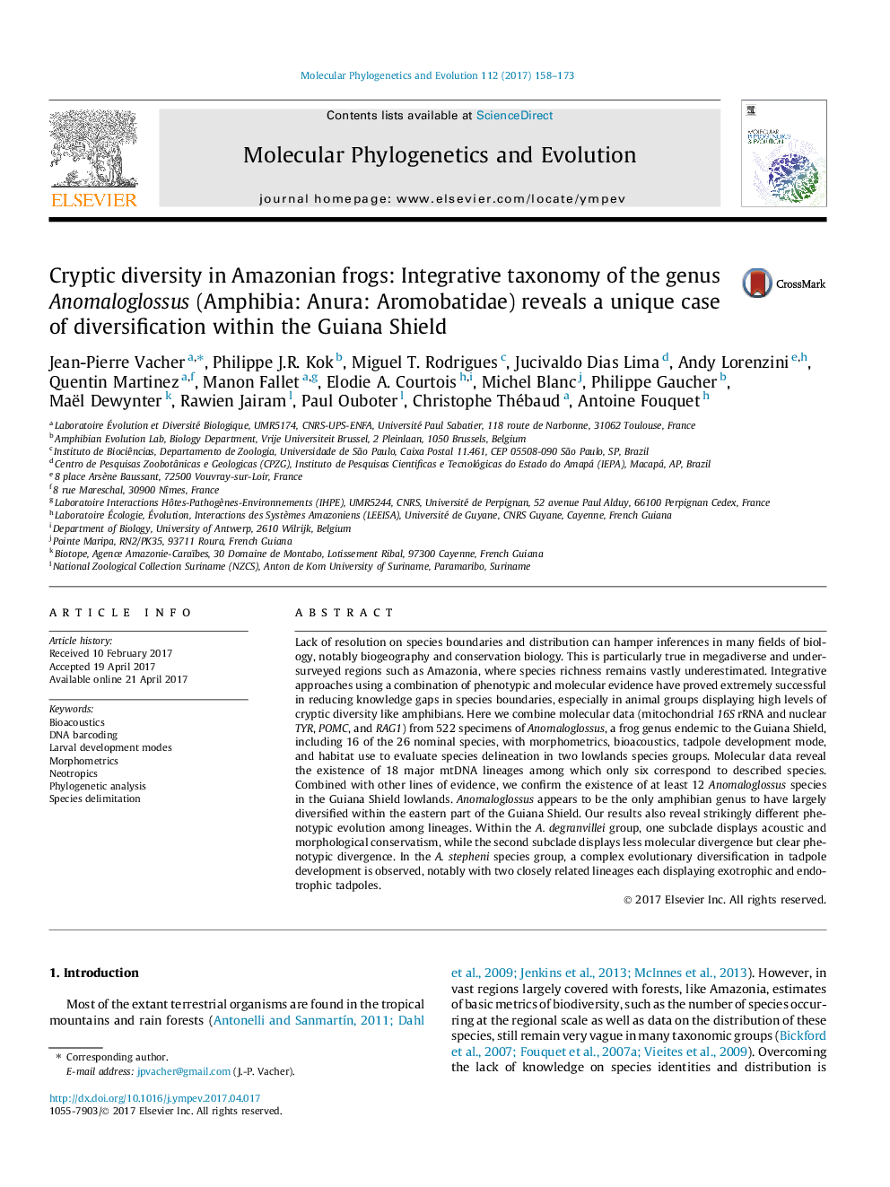 Cryptic diversity in Amazonian frogs: Integrative taxonomy of the genus Anomaloglossus (Amphibia: Anura: Aromobatidae) reveals a unique case of diversification within the Guiana Shield