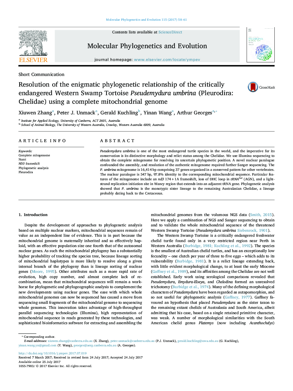 Resolution of the enigmatic phylogenetic relationship of the critically endangered Western Swamp Tortoise Pseudemydura umbrina (Pleurodira: Chelidae) using a complete mitochondrial genome